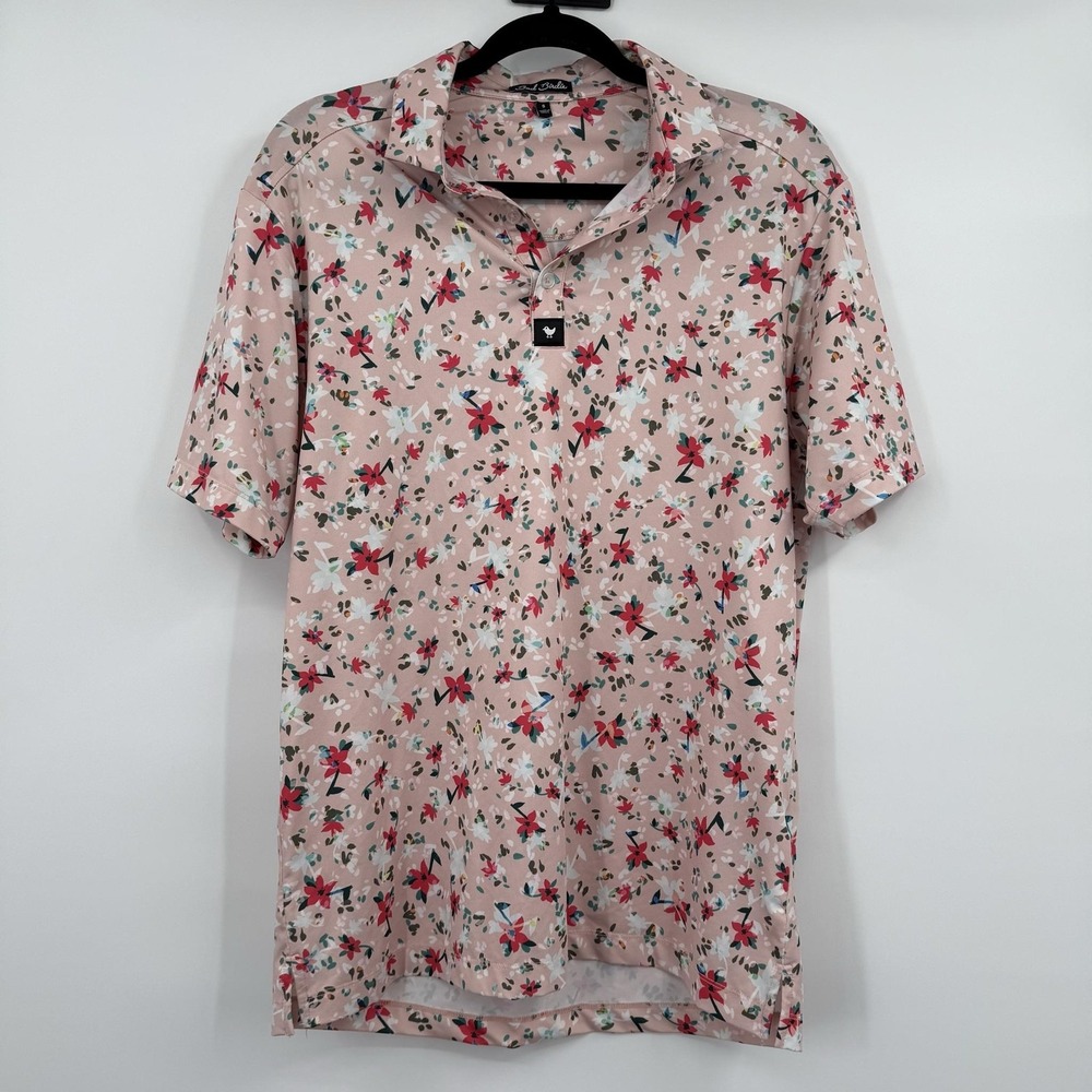 Bad Birdie Polo Shirt Mens Small Pink Floral Relaxed Golf Performance Stretch